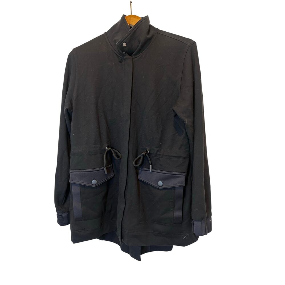 Cabi Black Utility Jacket Small Stretch Knit Snap Front Drawstring Waist Pockets